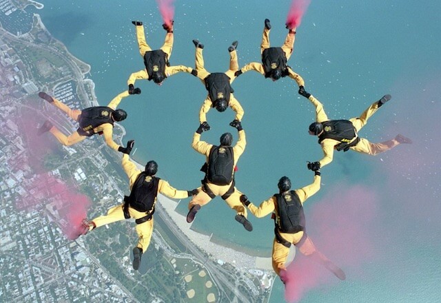 Team of parachute jumpers