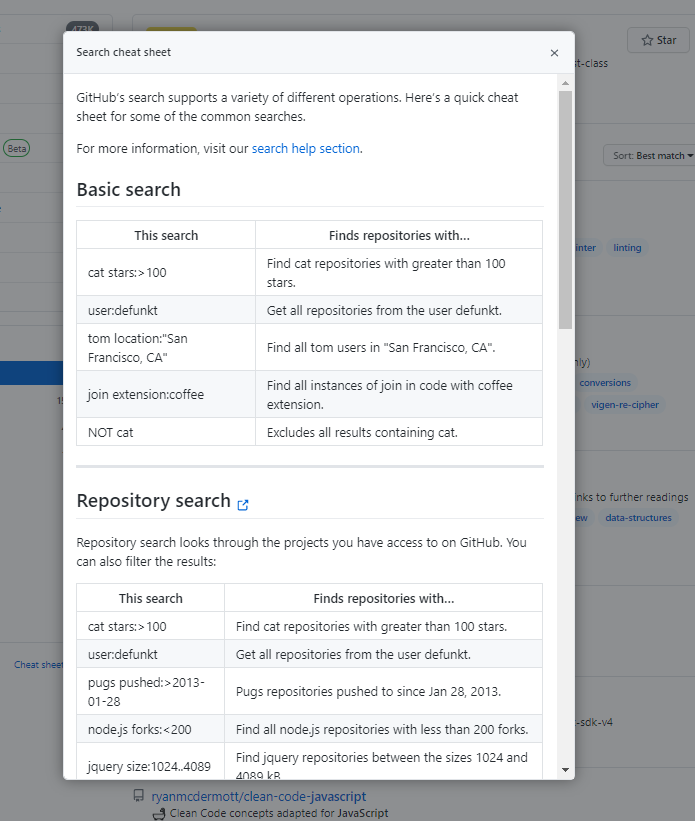 GitHub search information