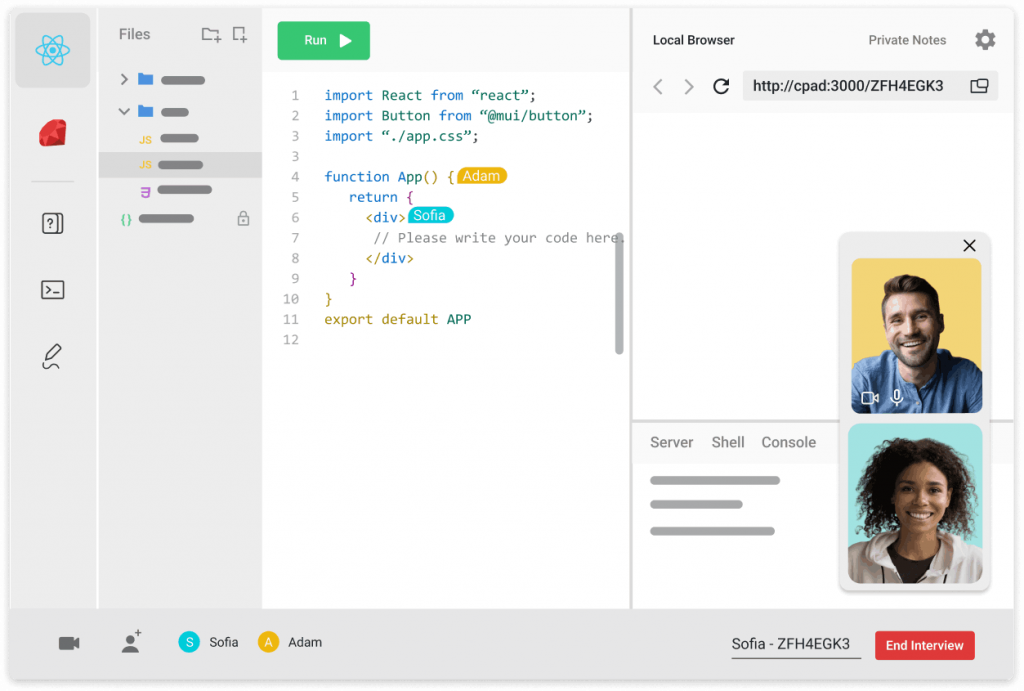 CoderPad Interview uses a cloud-based online IDE to simulate real world coding challenges